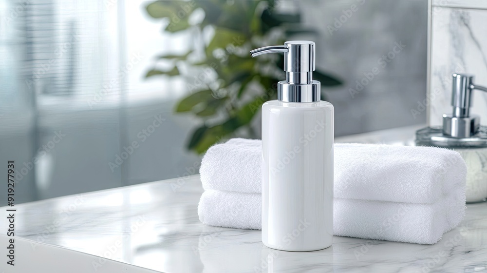 A close-up view features a marble effect soap pump alongside white towels and a plant in a modern marble-tiled bathroom. A close-up view features a marble effect soap pump alongside white towels and a plant in a modern marble-tiled bathroom.