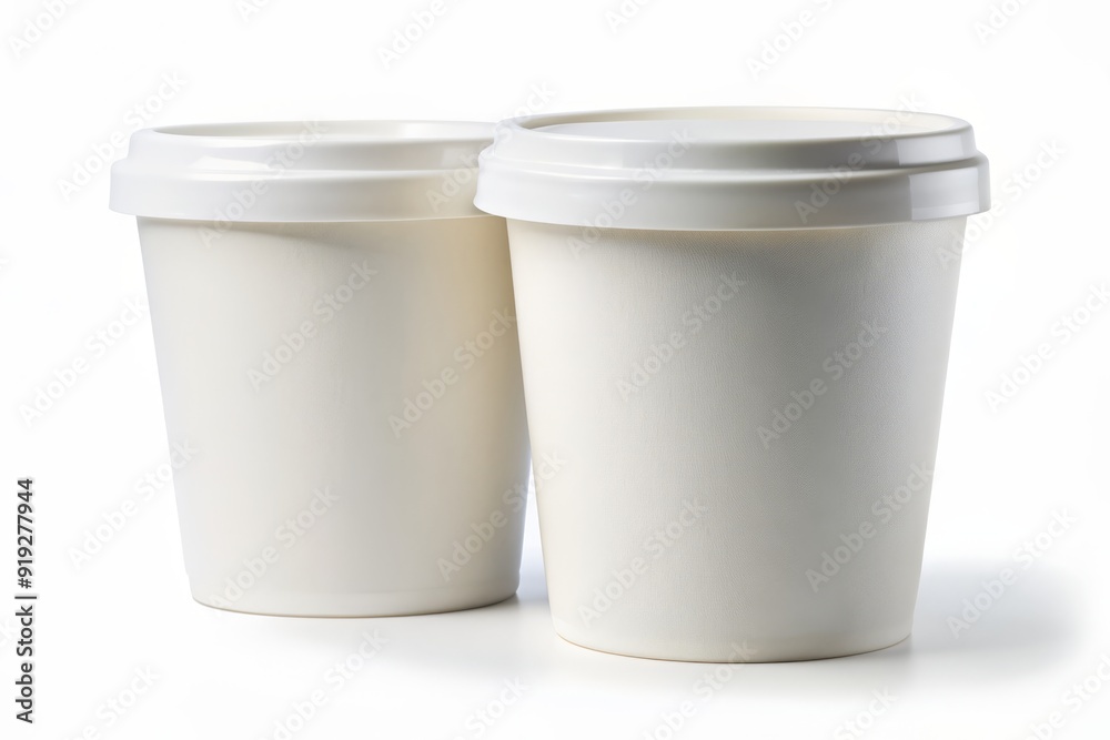 Two minimalist white ice cream tubs with clean labels stand upright on a pure white background, showcasing a crisp and appetizing visual treat in high-resolution detail. Two minimalist white ice cream tubs with clean labels stand upright on a pure white background, showcasing a crisp and appetizing visual treat in high-resolution detail.