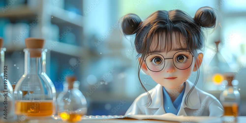 An adorable Asian girl engaged in a children's educational activity, conducting research in a laboratory with a microscope. The scene captures a playful and inquisitive atmosphere, emphasizing the imp An adorable Asian girl engaged in a children's educational activity, conducting research in a laboratory with a microscope. The scene captures a playful and inquisitive atmosphere, emphasizing the imp