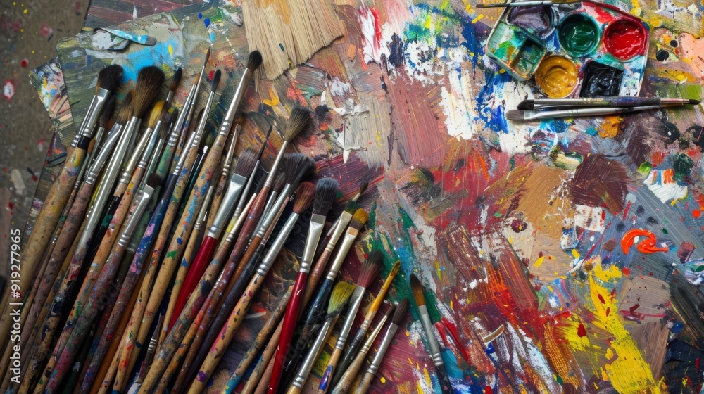 Obraz premium Assortment of art supplies, including brushes and paints, spread across a canvas, representing the creative and expressive side of education.