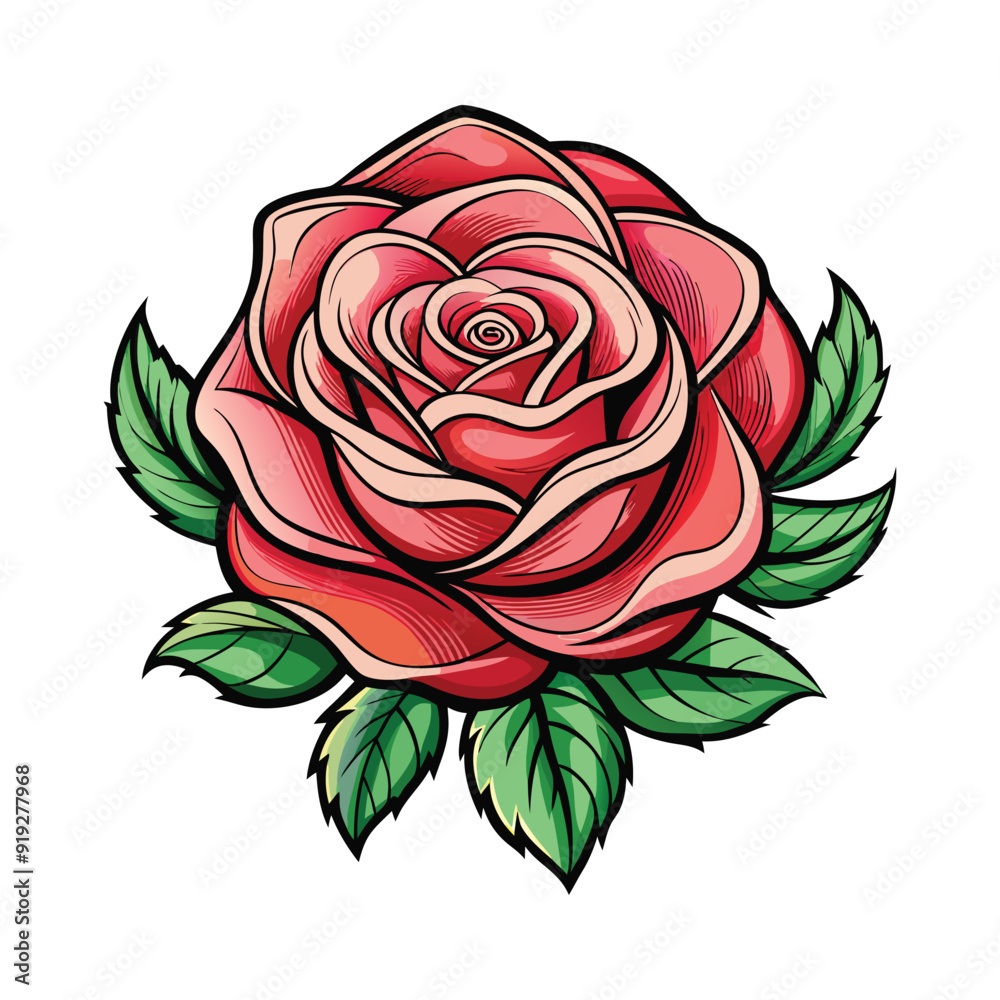 Vibrant Red Rose Vector with Lush Green Leaves