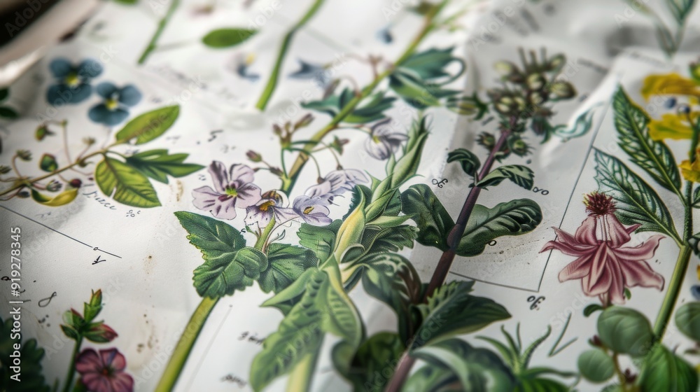 Close-up of a detailed botanical illustration with field notes, highlighting the study of plants and ecology in education Close-up of a detailed botanical illustration with field notes, highlighting the study of plants and ecology in education
