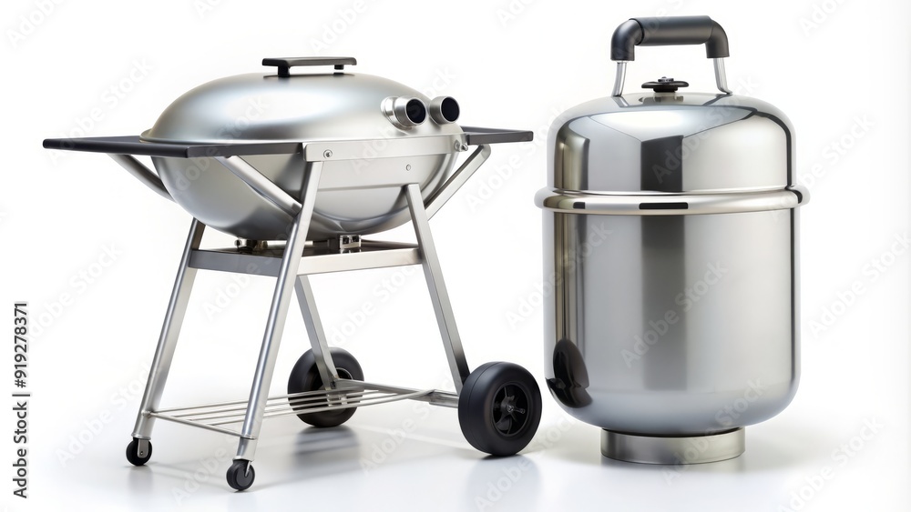 A shiny silver propane gas tank stands upright beside a black BBQ grill, both isolated on a clean white background, awaiting outdoor culinary adventures. A shiny silver propane gas tank stands upright beside a black BBQ grill, both isolated on a clean white background, awaiting outdoor culinary adventures.