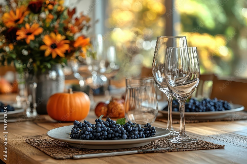 inviting rustic wooden table with autumnthemed place setting soft focus background hints at warm colors and cozy thanksgiving atmosphere emphasizing family gathering and gratitude