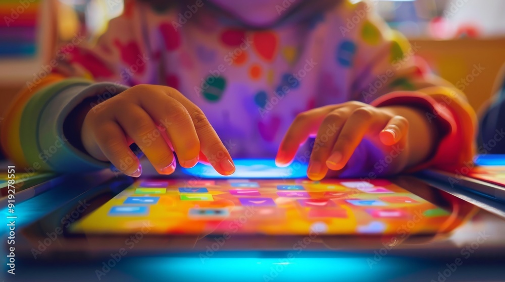 Fototapeta premium Close-up of a tablet displaying an interactive learning app, highlighting the role of technology in modern education.