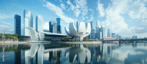 Modern Architecture Reflected in Calm Water with Blue Sky and Clouds