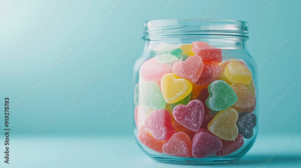 Colorful Heart Shaped Gummies In A Glass Jar Colorful Heart Shaped Gummies In A Glass Jar