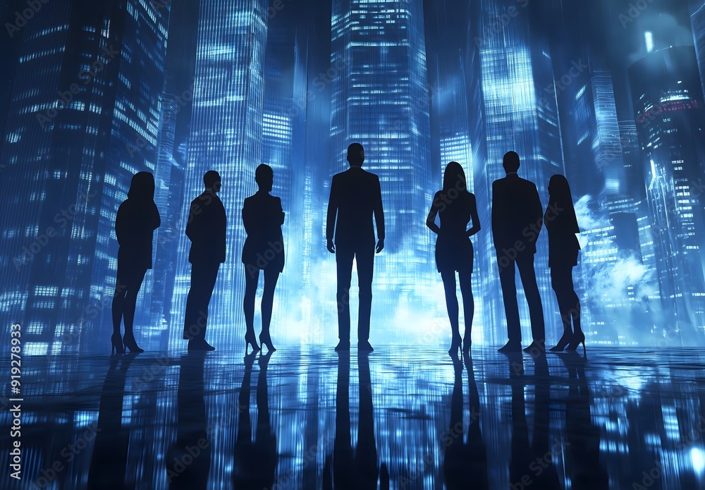 silhouette of business people team standing on the city background with skyscrapers and blue light rays, silhouette of business people team standing on the city background with skyscrapers and blue light rays,