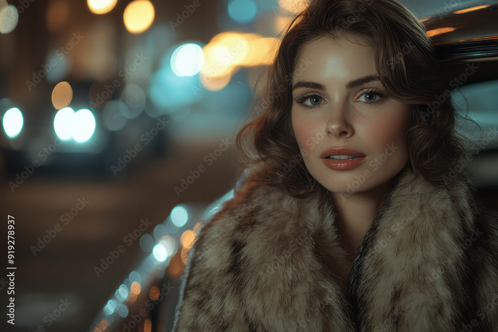 A mob wife wearing a fur coat, stepping out of a classic car under the glow of vintage streetlights,