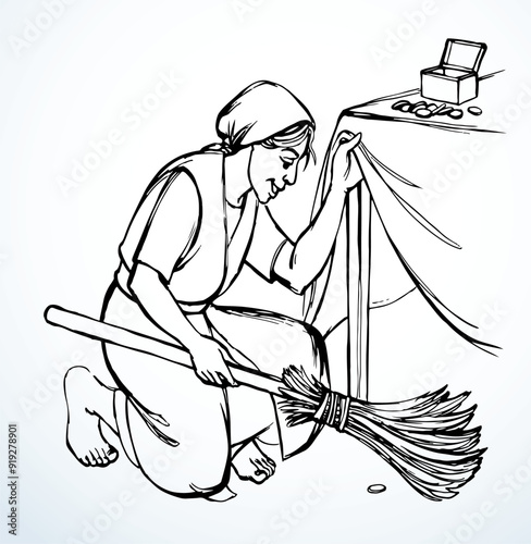 Vector drawing. Woman finds a coin.