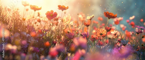 Sunlit Field of Cosmos Flowers