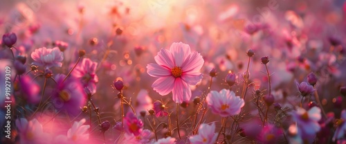 Pink Cosmos Flowers in a Field at Sunset