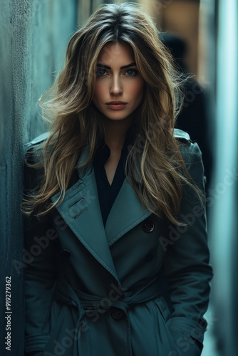 A confident mob wife in a trench coat, walking down a dark alley with a shadowy figure in the background,