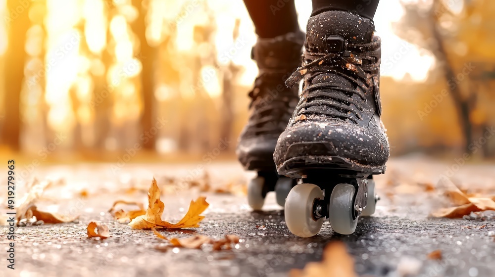 A person roller skating on a scenic path during autumn, surrounded by colorful leaves and soft, warm sunlight. A person roller skating on a scenic path during autumn, surrounded by colorful leaves and soft, warm sunlight.
