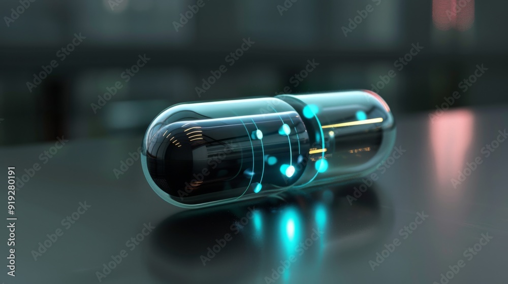 Conceptual design of a smart pill with digital monitoring capabilities, showcasing innovation in drug delivery and patient care. Conceptual design of a smart pill with digital monitoring capabilities, showcasing innovation in drug delivery and patient care.
