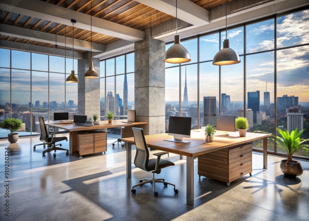 Modern urban office space with expansive windows, polished concrete floors, sleek wooden desks, and minimalist decor, surrounded by a bustling cityscape backdrop. Modern urban office space with expansive windows, polished concrete floors, sleek wooden desks, and minimalist decor, surrounded by a bustling cityscape backdrop.