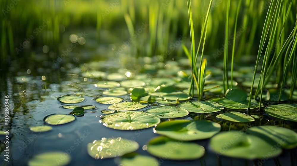 Untouched wetland habitat with pure water, thriving aquatic plants and wildlife Untouched wetland habitat with pure water, thriving aquatic plants and wildlife