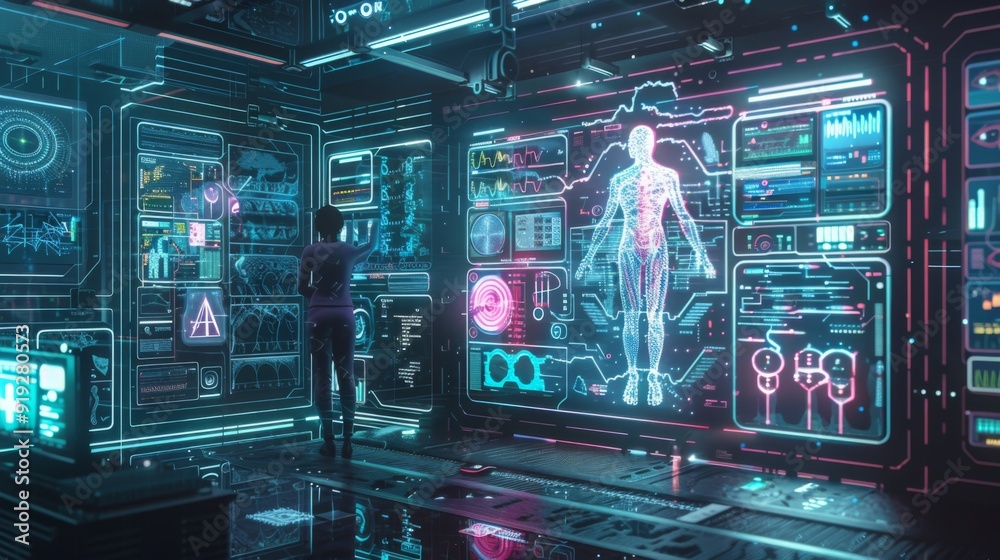 Conceptual image of a digital health interface with interactive design and AI integration, showcasing advancements in healthcare technology. Conceptual image of a digital health interface with interactive design and AI integration, showcasing advancements in healthcare technology.