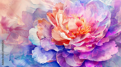 A beautiful Colorful Watercolor Painting Of  Peony,Smooth And Soft Transition Intricate Details