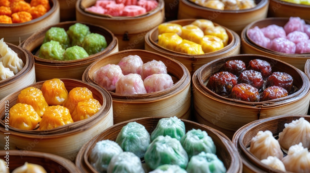 A vibrant spread of colorful dim sum in bamboo steamers, showcasing the variety of Chinese cuisine, with copy space for food-related promotions. A vibrant spread of colorful dim sum in bamboo steamers, showcasing the variety of Chinese cuisine, with copy space for food-related promotions.