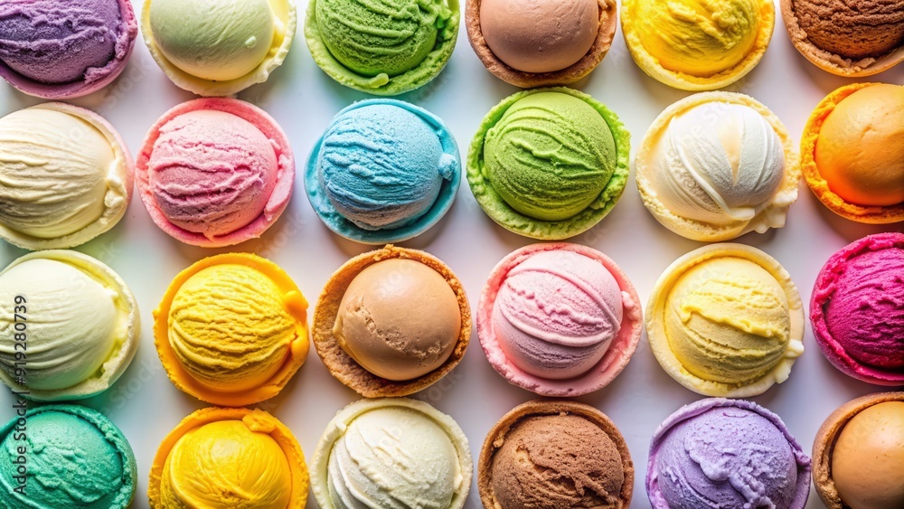 Vibrant top view of assorted scoops of creamy ice cream in various colors and flavors, arranged artfully on a soft white background, perfect for wallpaper. Vibrant top view of assorted scoops of creamy ice cream in various colors and flavors, arranged artfully on a soft white background, perfect for wallpaper.