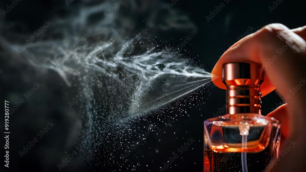 Perfume bottle spraying on dark background