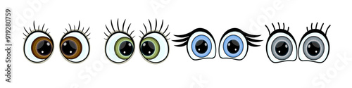 Set of cute toy eyes. Shiny, bulging, doll-like eyes in cartoon style. Cute, round, vector, isolated elements.  Different, shaking, stupid, cheerful eyes of the character. Vector illustration