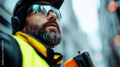 A safety officer, identifiable by their bright yellow jacket, is communicating via a walkie talkie on the streets, ensuring everything is under control. photo