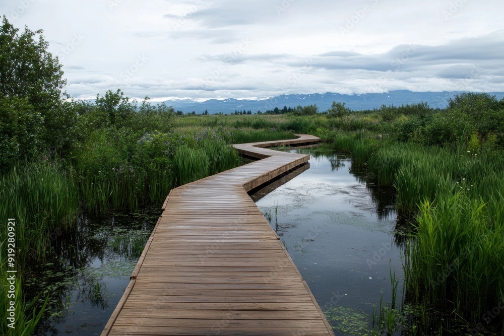 Wetland restoration features recycled boardwalks, highlighting environmental renewal and sustainable recycling initiatives.