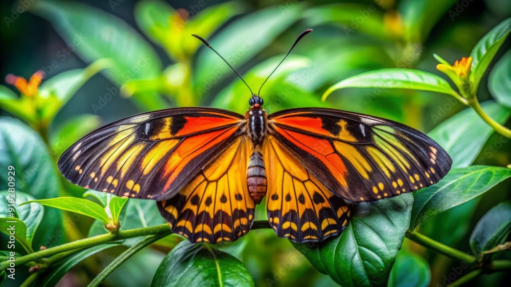 Vibrant black, yellow, and orange butterfly perches delicately among lush green foliage in a serene garden, its intricate wings showcasing nature's mastery of color and design. Vibrant black, yellow, and orange butterfly perches delicately among lush green foliage in a serene garden, its intricate wings showcasing nature's mastery of color and design.
