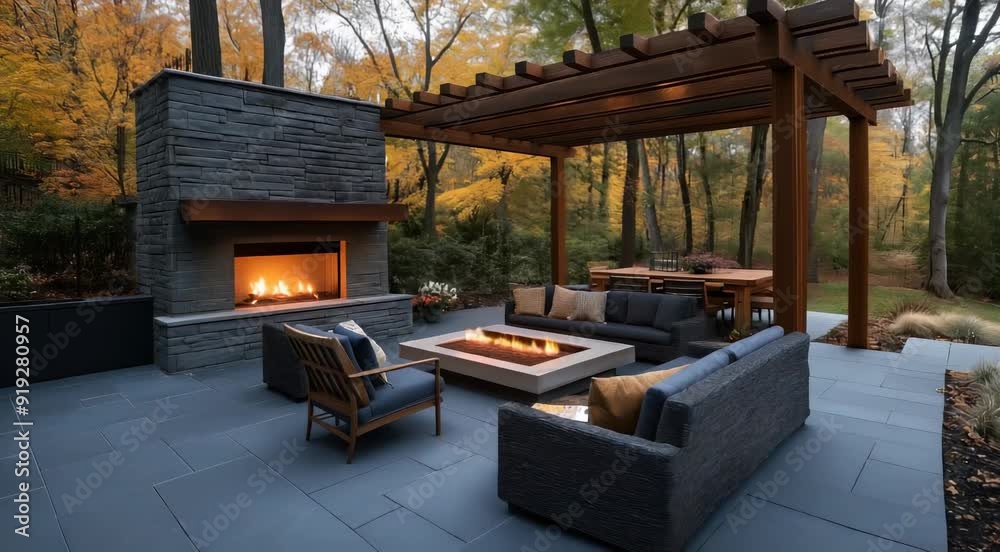 Outdoor patio with modern fireplace, fire pit, seating area, and dining table under a wooden pergola, surrounded by fall foliage and trees. Outdoor patio with modern fireplace, fire pit, seating area, and dining table under a wooden pergola, surrounded by fall foliage and trees.