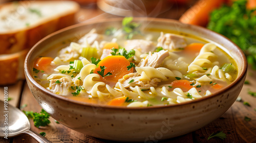 a steaming bowl of chicken noodle soup, with tender chicken pieces, carrots, celery, and egg noodles, garnished with fresh parsley, set on a rustic wooden table with a slice of crusty bread on the sid