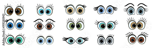 Set of cute toy eyes. Shiny, bulging, doll-like eyes in cartoon style. Cute, round, vector, isolated elements.  Different, shaking, stupid, cheerful eyes of the character. Vector illustration