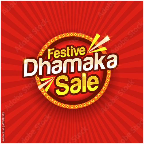 Festive Dhamaka Sale Logo Design Vector Red Background. Sale Poster, Sale Banner, Sale Flyer. Marketing, Promotional Advertising Template