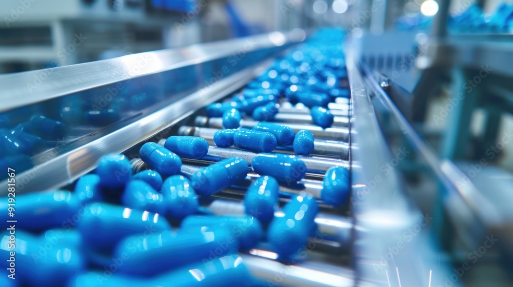 Blue Pills Moving Along a Conveyor Belt in a Pharmaceutical Factory Blue Pills Moving Along a Conveyor Belt in a Pharmaceutical Factory
