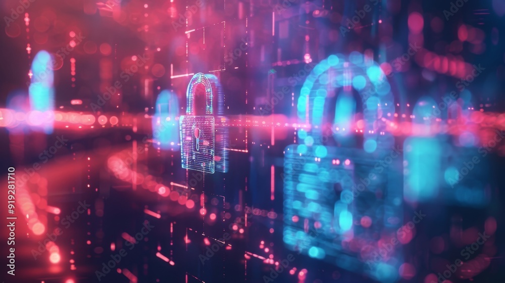 Fototapeta premium Conceptual image of digital security with virtual locks and encrypted data, illustrating the importance of cybersecurity in a tech-driven world.