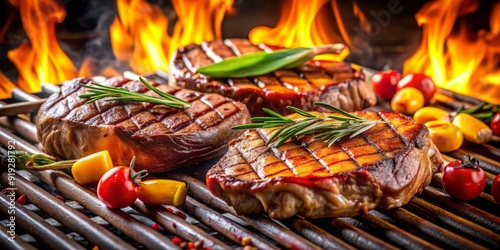 Sizzling grilled meat on barbecue grill with flames in background, featuring tender american style bbq ribs and juicy beef steaks with colorful vegetables. photo