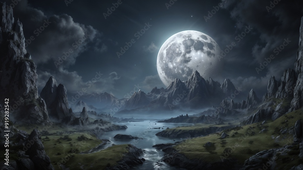 Mountains background with big green moon in the sky Mountains background with big green moon in the sky