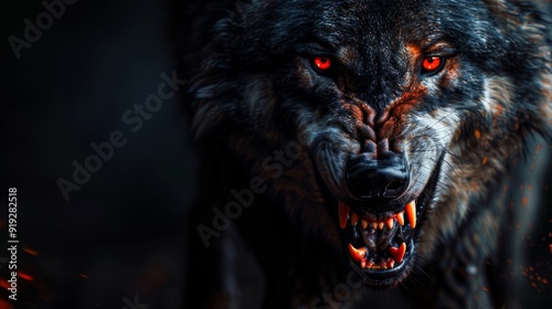 Fierce wolf with glowing eyes snarling in dark forest during twilight