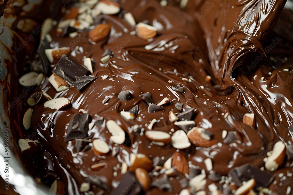 Melted Chocolate with Almonds and Chocolate Pieces Melted Chocolate with Almonds and Chocolate Pieces