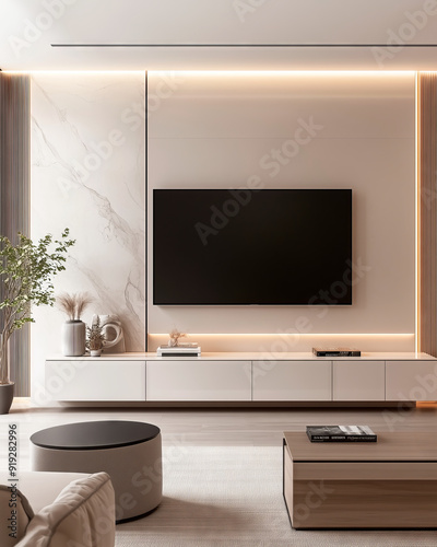 Elegant living room featuring a wall-mounted TV, minimalist furniture, marble accents, and warm ambient lighting for a contemporary feel.
