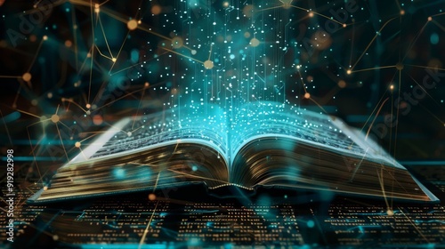 Digital publishing technology with virtual books and multimedia elements, highlighting tech innovations in storytelling.