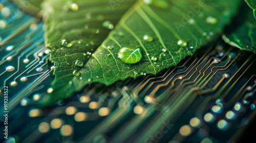 Energy-efficient technology with a digital eco-leaf and circuit board pattern, highlighting sustainable innovations and green technology solutions.