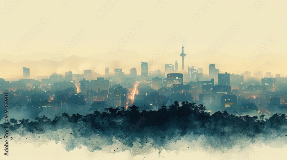 Fototapeta premium Minimalism illustration, silhouette of the Seoul cityscape with Namsan Tower and bustling streets, flat illustration on soft cream background, empty copy space, lofi style illustration