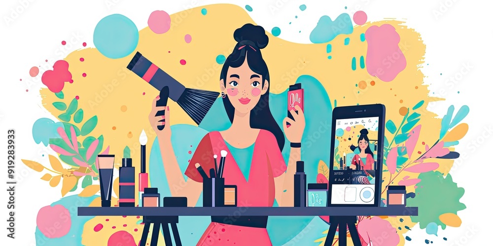 Woman filming makeup tutorial with phone. Woman filming makeup tutorial with phone.