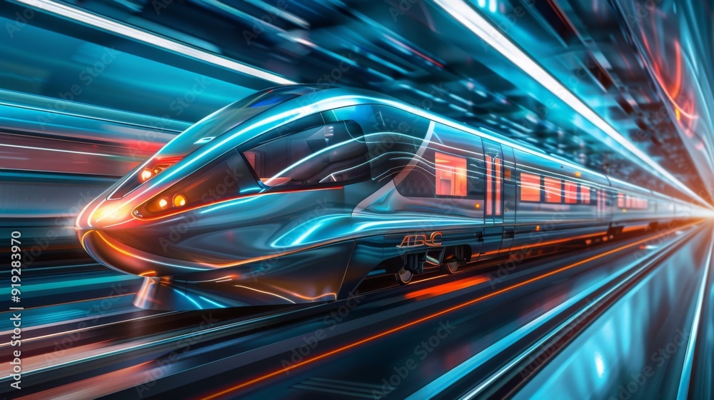 High-speed rail engineering concept with a futuristic train design, illustrating advancements in transportation technology and efficiency.