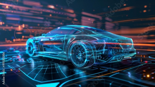 High-tech automotive engineering with a digital car design, illustrating advancements in vehicle technology and innovation in transportation.