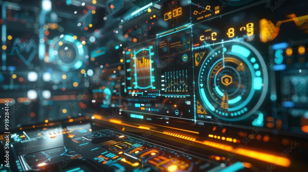 Fototapeta premium High-tech holographic interface with floating graphs and data streams, representing innovative technology and future user interfaces.