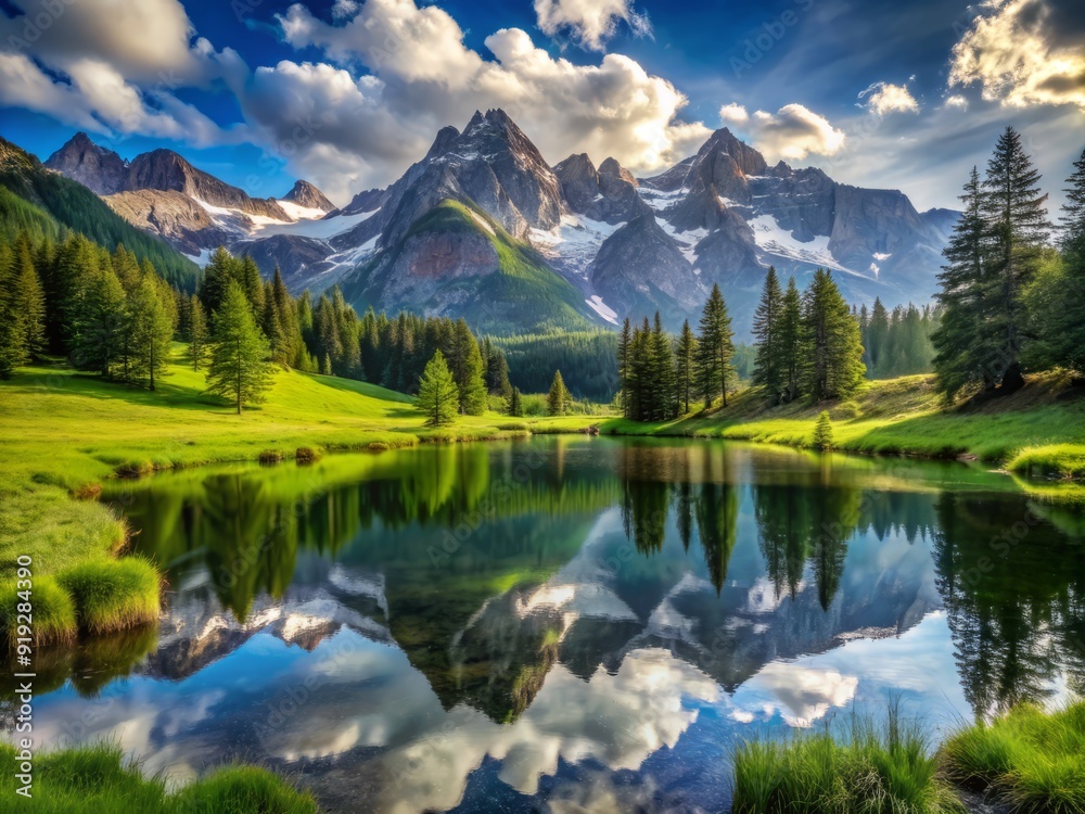 Serene alpine meadow surrounded by towering mountain peaks, lush green grass, and tranquil lake reflections, exuding peacefulness and majestic beauty in nature's paradise. Serene alpine meadow surrounded by towering mountain peaks, lush green grass, and tranquil lake reflections, exuding peacefulness and majestic beauty in nature's paradise.