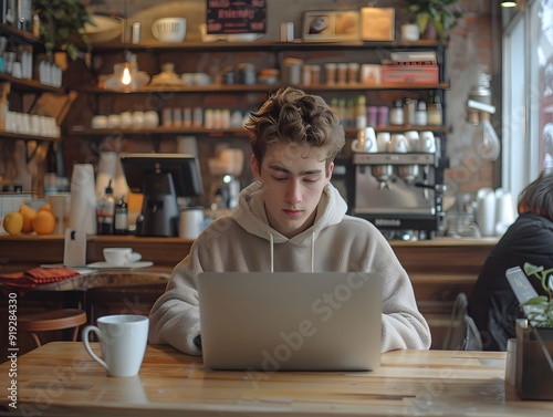 Young man working on a laptop in a cozy café during the morning, with coffee and fresh fruit on the table